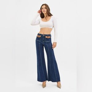 Leather Pocket Detail Wide Flare Jeans with Front Seams - Risen